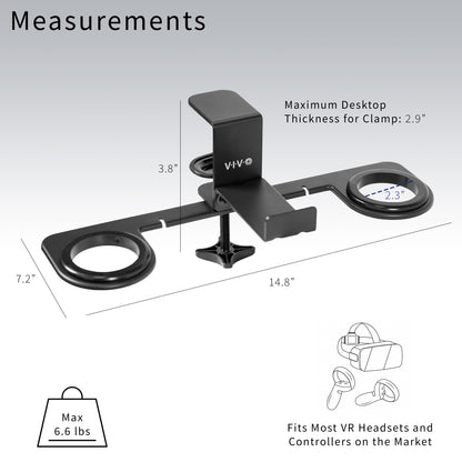 Clamp-on VR headset stand that mounts to desk for storage and convenient access.