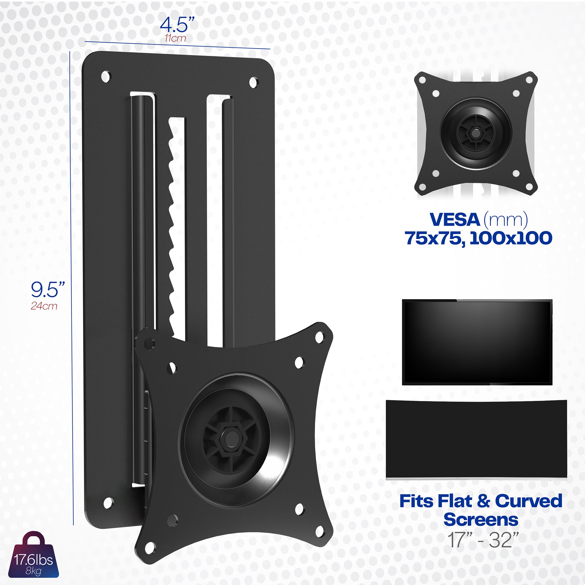 Sturdy steel VESA wall mount with articulation and height adjustment.