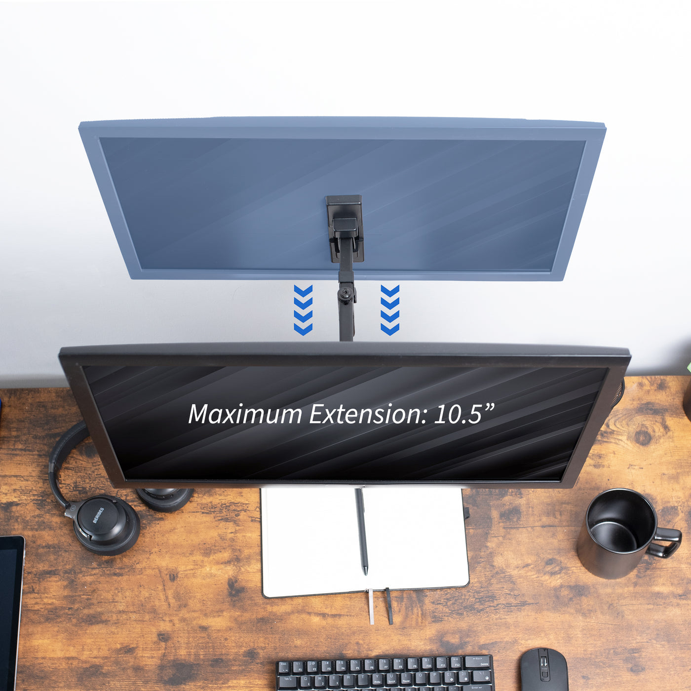 Sturdy adjustable single monitor ergonomic wall mount for office workstation.