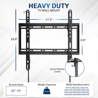 Heavy-duty TV wall mount with dimensions and features on a white background