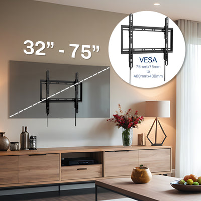 TV wall mount with VESA compatibility on a living room wall