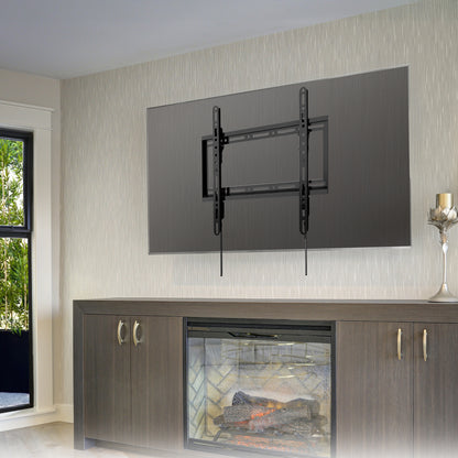 Wall-mounted TV above a fireplace.