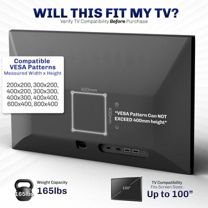 TV with VESA pattern compatibility information and weight capacity details.