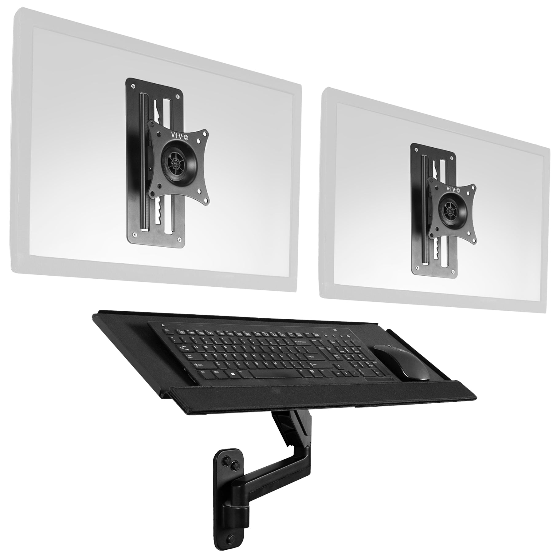 Dual monitor wall mount and height adjustable keyboard tray create a complete wall-mounted workstation.