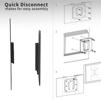 Anti-rust RV VESA TV mount for large screens featuring easy installation and removal and all necessary hardware included. Suitable for indoor or outdoor mounting.