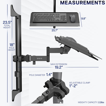 Keyboard and mouse mount with detailed measurements on a white background