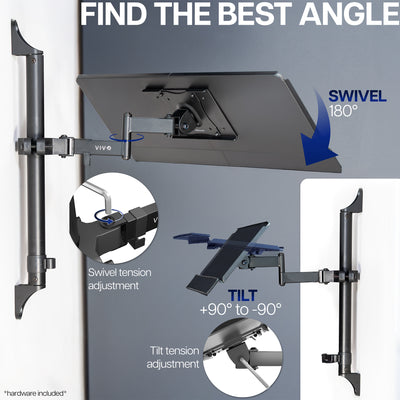 Keyboard tray with swivel and tilt features on a gray background