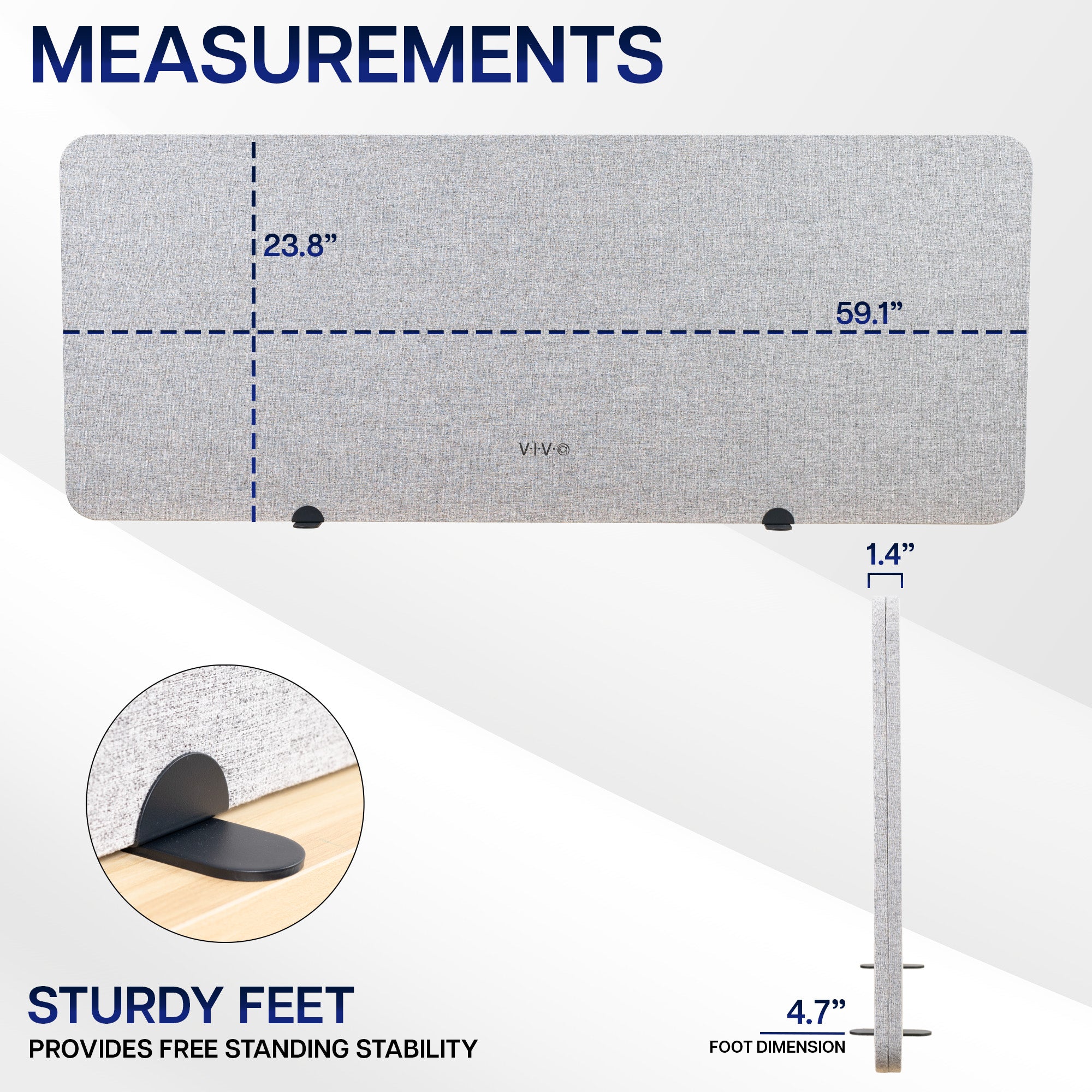 Measurement chart of a gray desk Privacy Panel with dimensions and stability features.