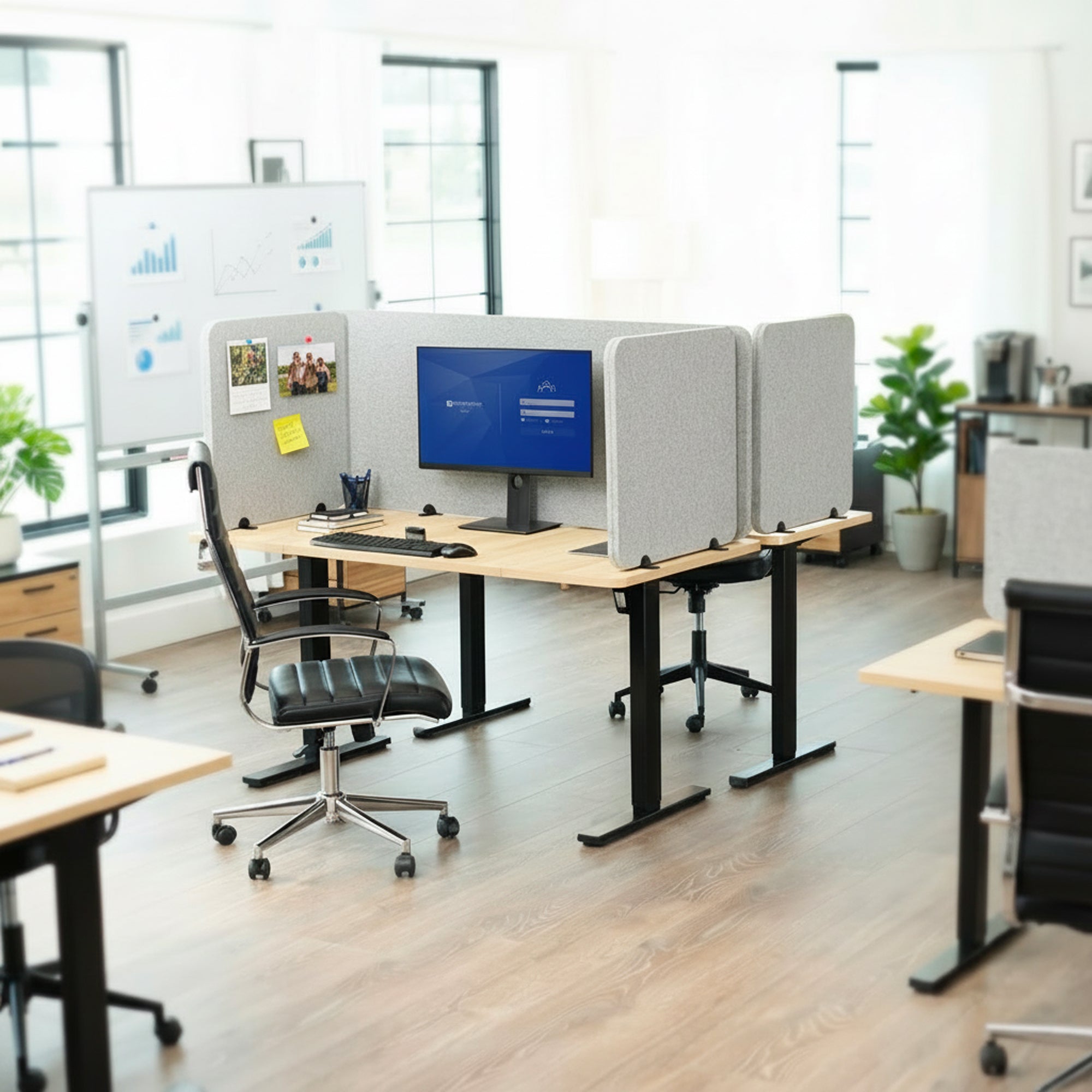 Modern office setup with standing desks and computer monitors with Privacy Panels
