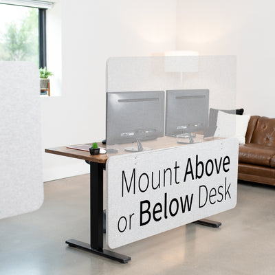 Clamp-on desk privacy panel for office workspace that mounts above desk or below desk.