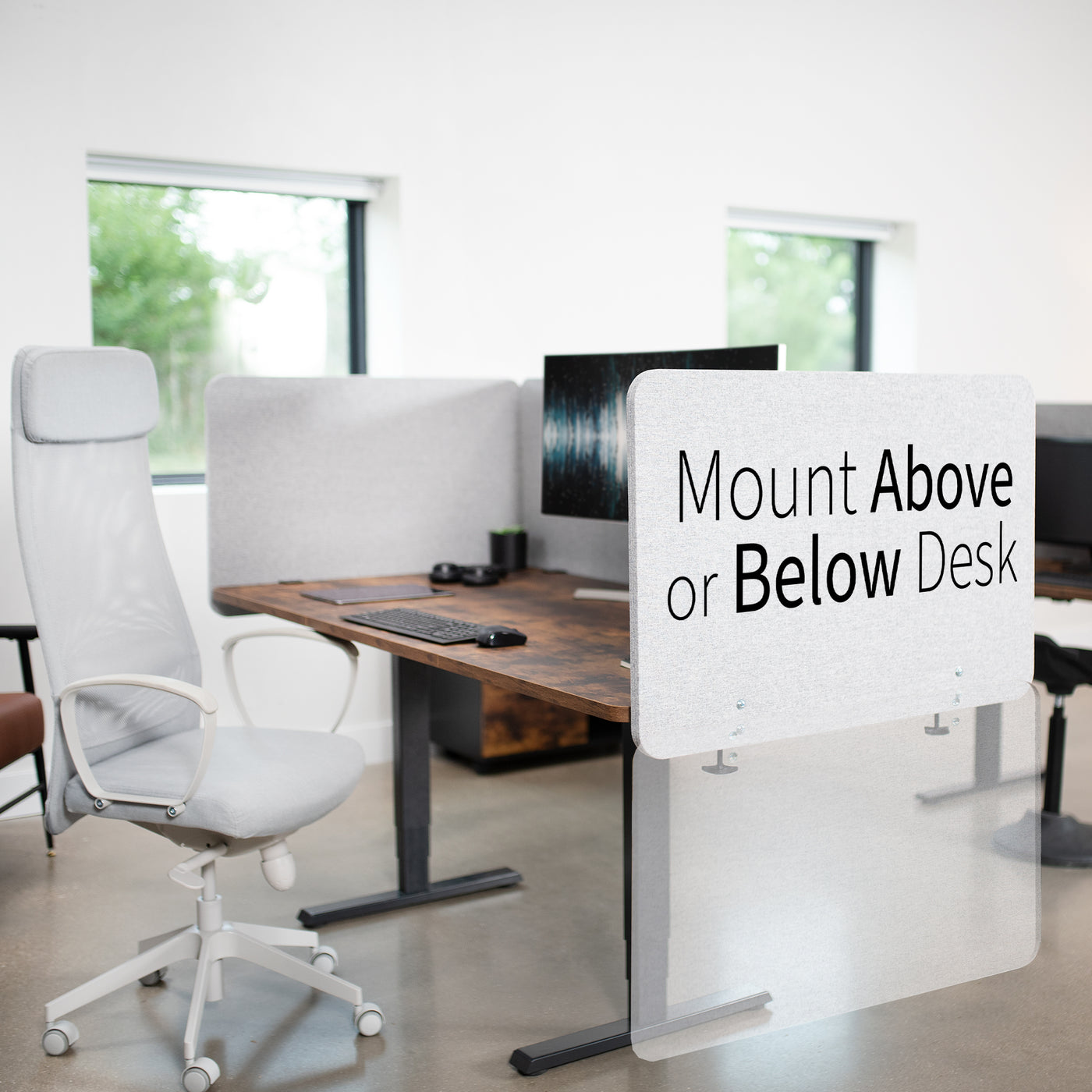 Clamp-on desk privacy panel for office workspace that mounts above desk or below desk.