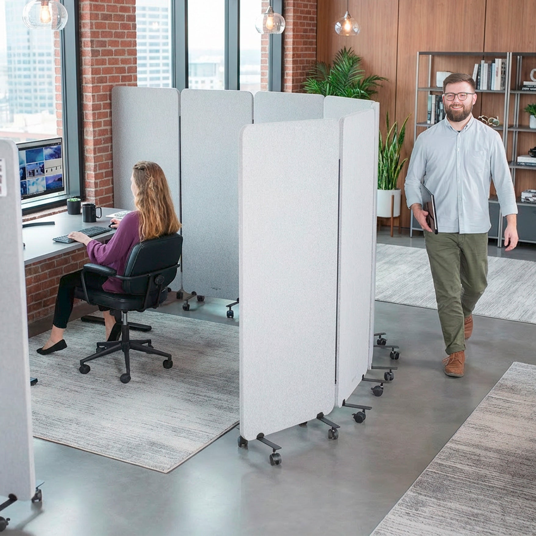 3-Panel Gray Mobile Freestanding Room Divider provides a convenient partition and workspace privacy.