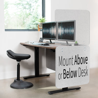 Clamp-on desk privacy panel for office workspace that mount above desk or below desk.
