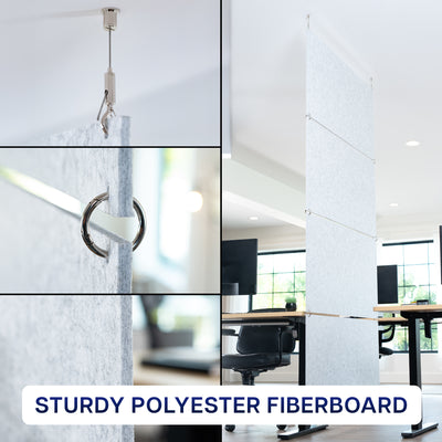 Modular Hanging Acoustic Panels (x4) featuring text 'Sturdy Polyester Fiberboard'.