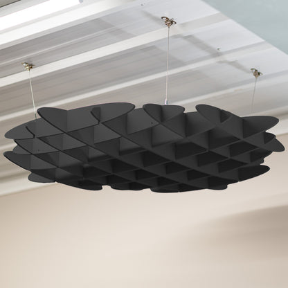 Sleek modern acoustic ceiling waffle panel with sturdy hanging wires for sound dampening.