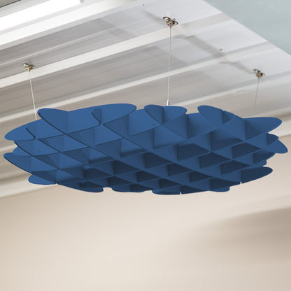 Sleek modern acoustic ceiling waffle panel with sturdy hanging wires for sound dampening.