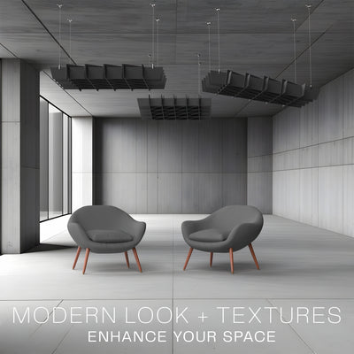 A black acoustic dual-layer ceiling waffle panel with a geometric pattern, mounted on a ceiling in a minimalist room. 