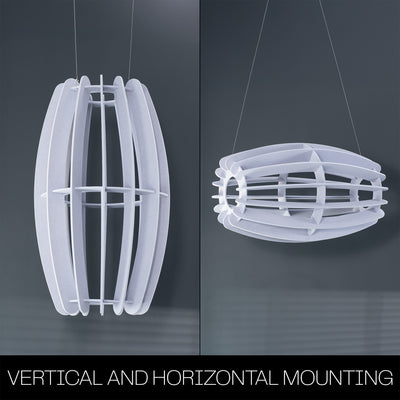 A large oval-shaped acoustic ceiling sound absorber in a light gray color that can be suspended in either a vertical or horizontal position. 