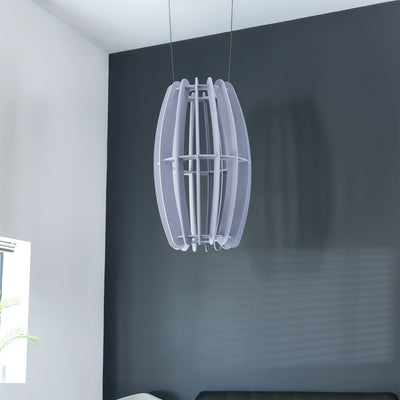 A large oval-shaped acoustic ceiling sound absorber in a light gray color, designed to be suspended from the ceiling.