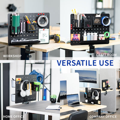 Clamp-on 360-degree rotating pegboard for storage and privacy with accessories included. Double-sided organization panel featuring above or below desk installation and an easy assembly process.