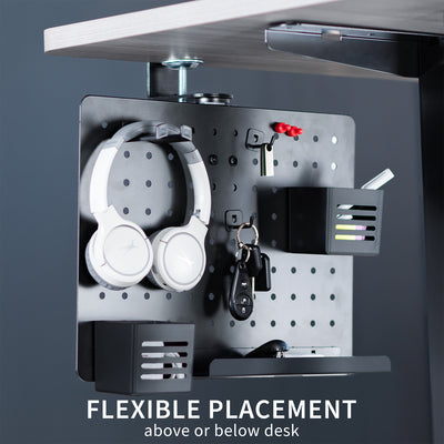 Clamp-on 360-degree rotating pegboard for storage and privacy with accessories included. Double-sided organization panel featuring above or below desk installation and an easy assembly process.