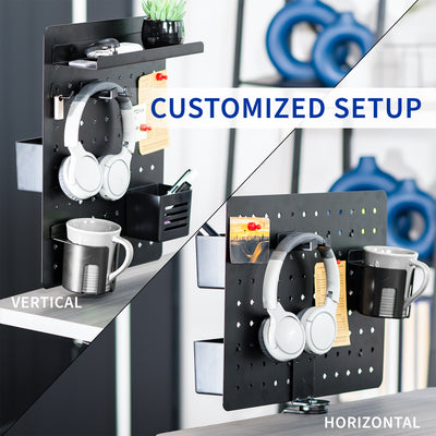 Clamp-on 360-degree rotating pegboard for storage and privacy with accessories included. Double-sided organization panel featuring above or below desk installation and an easy assembly process.
