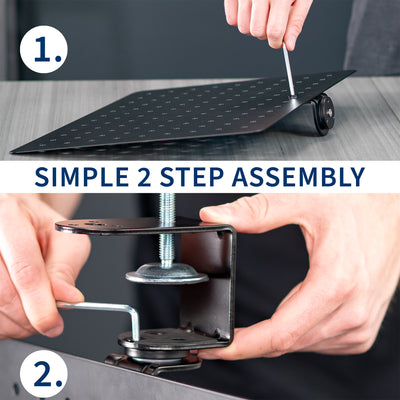 Clamp-on 360-degree rotating pegboard for storage and privacy with accessories included. Double-sided organization panel featuring above or below desk installation and an easy assembly process.