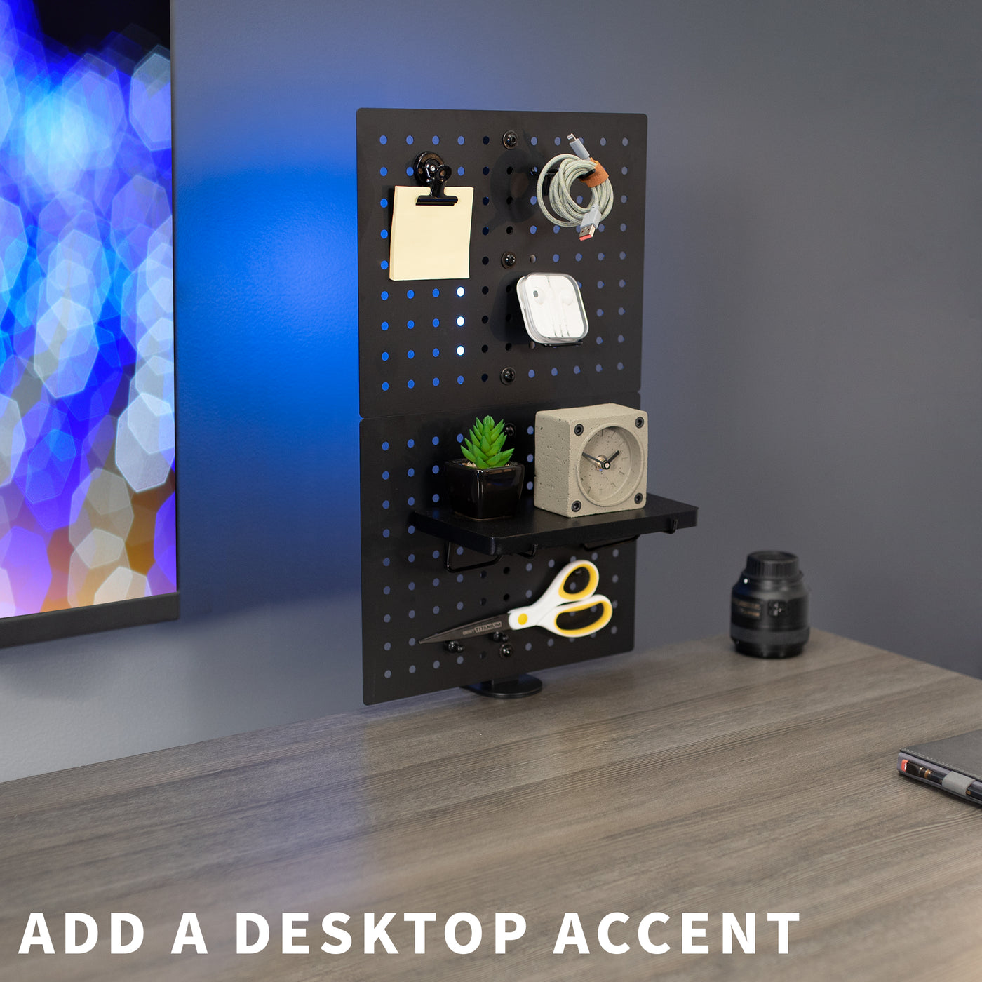 Clamp-on desk pegboard panel for privacy, decoration, and storage.