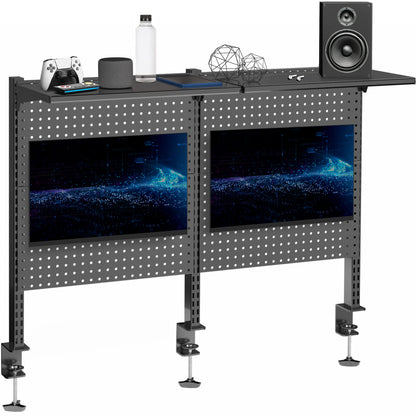 Clamp-on Pegboard with Monitor Mounts & Shelf - Up to 32" Screens