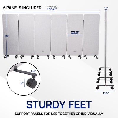Measurements for 6-Panel Gray Mobile Freestanding Room Divider that provides a convenient partition and workspace privacy.