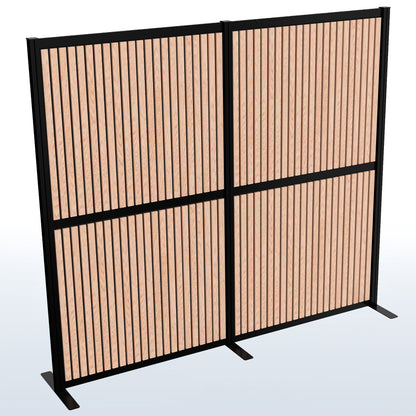 Portable room divider with wooden slats and black frame on a white background