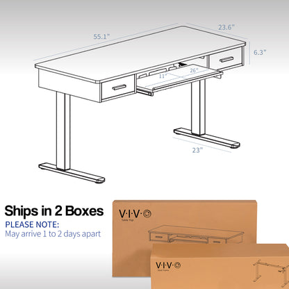 Electric Height Adjustable 55 x 24 inch Stand Up Desk, Complete Active Standing Workstation with Rustic Vintage Brown Table Top, Rear-set Legs, Storage Drawers, Pull Out Keyboard Tray