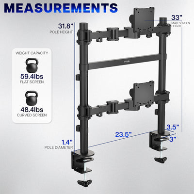 Dual Monitor, Dual Pole stand with measurements and weight capacity details on a gray background