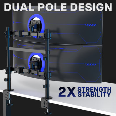 Dual monitor stand with dual pole design and text highlighting strength and stability.