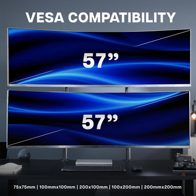 Two 57-inch monitors with VESA compatibility on a desk setup with a dual monitor mount.