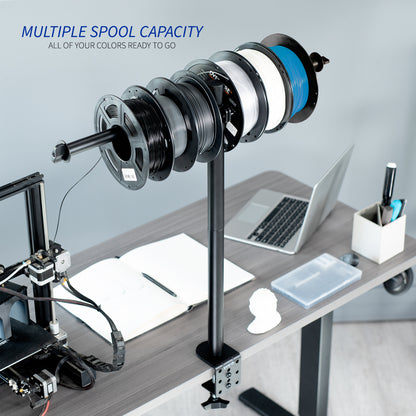 Sturdy clamp-on height adjustable reel holder for 3D printer.