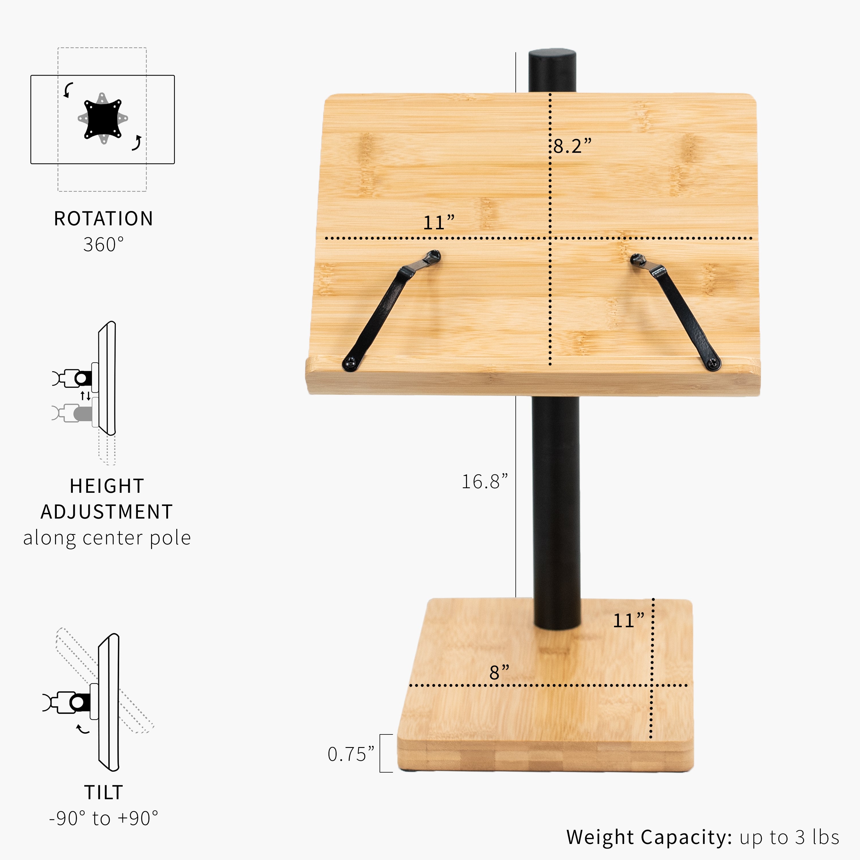 11 inch Freestanding Bamboo Book Stand for Hands Free Reading, Adjustable Holder for Textbooks, Novels, Cookbooks, iPads, Mobile Phones, and More, Light Wood Surfaces