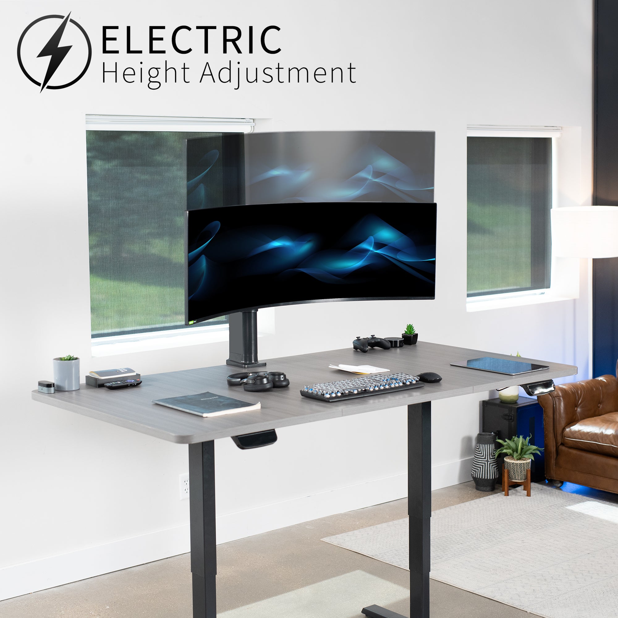 Single monitor ultrawide desk mount with electric height adjustment.