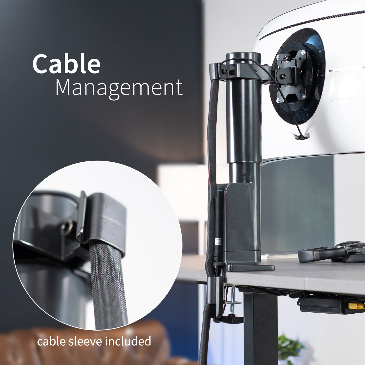 Single monitor ultrawide desk mount with electric height adjustment and integrated cable management.