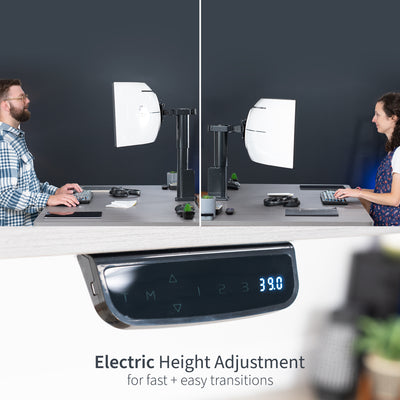 Single monitor ultrawide desk mount with electric height adjustment.