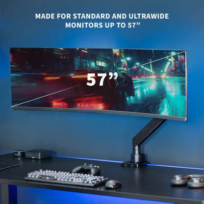 Pneumatic Spring TV and Monitor Desk Mount for curved and flat ultrawide screens.