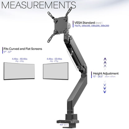 Pneumatic Spring TV and Monitor Desk Mount for curved and flat ultrawide screens.