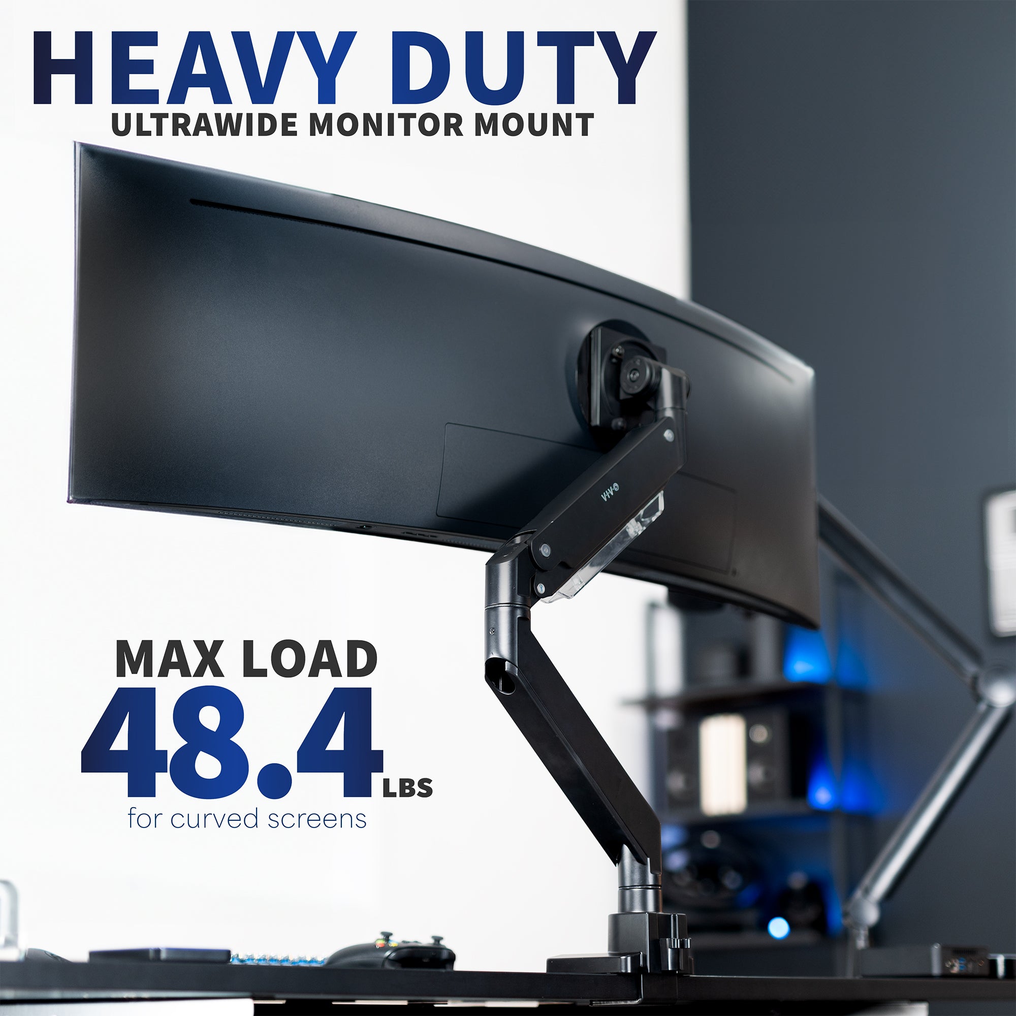 Pneumatic Spring TV and Monitor Desk Mount for curved and flat ultrawide screens.