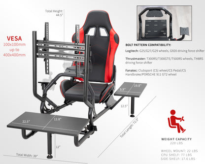 Racing simulator cockpit gaming chair with TV mount, PC shelf, and side shelf.