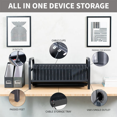 Desk organizer with various features highlighted on a white wall background