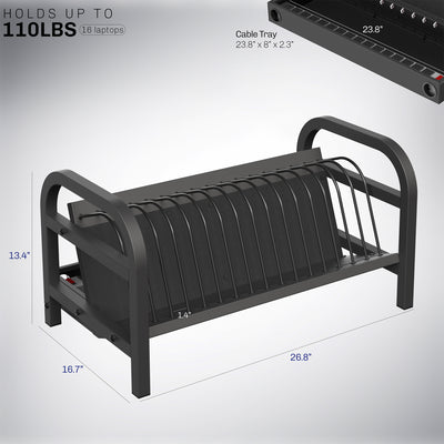 Black cable tray with dimensions and capacity details on a gray background