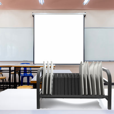 Modern classroom with whiteboards, desks, and chairs.