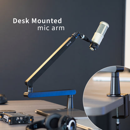 Low height adjustable clamp-on microphone arm desk mount.