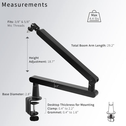 Low height adjustable clamp-on microphone arm desk mount.