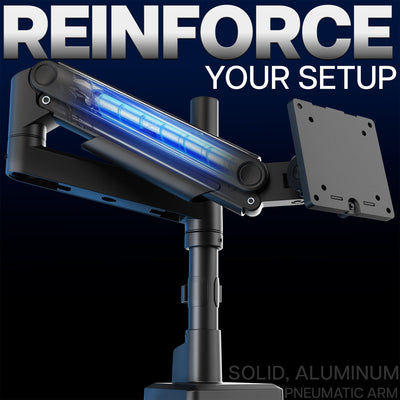 Black adjustable monitor mount with blue light on a dark background, featuring the text 'REINFORCE YOUR SETUP'. Solid construction and build, made from steel and aluminum.